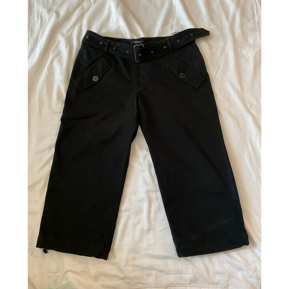 Burberry London Wide-Leg Black Cotton Belted Pants with Button Accents